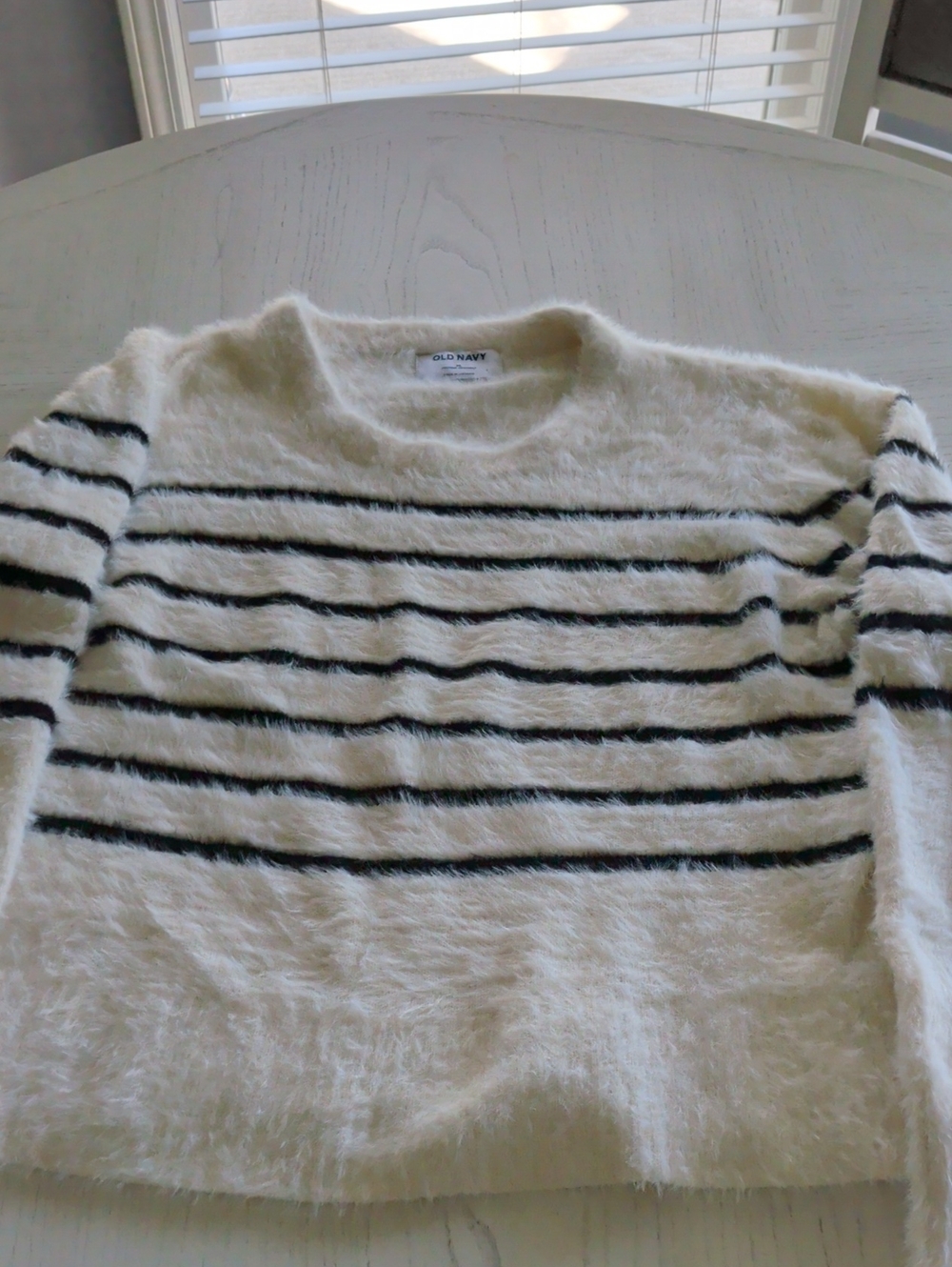 Old Navy Women's Cream Fuzzy Crewneck Sweater with Black Stripes
